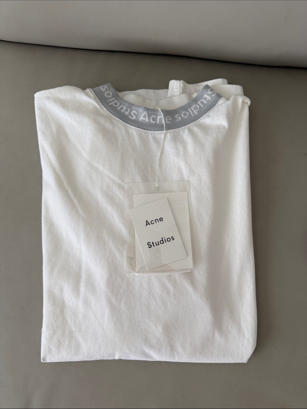 Acne Studios White Short Sleeve mock neck Tee with Gray Branded Neck